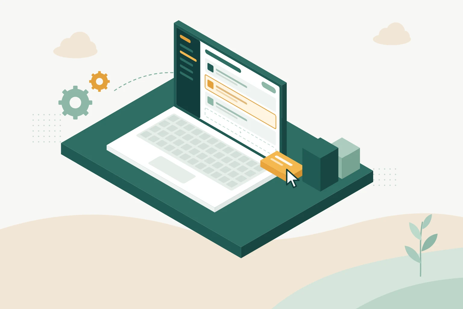 Illustratie van een laptop met een beheeromgeving waarin een contentblok wordt verplaatst